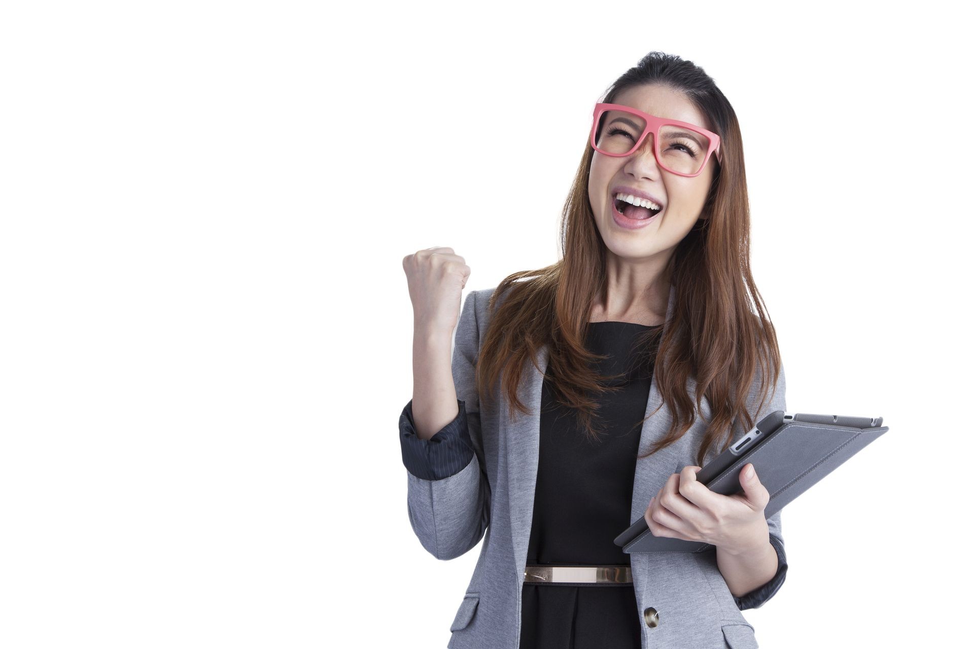 Tablet computer woman winning happy excited looking at screen isolated on white background.